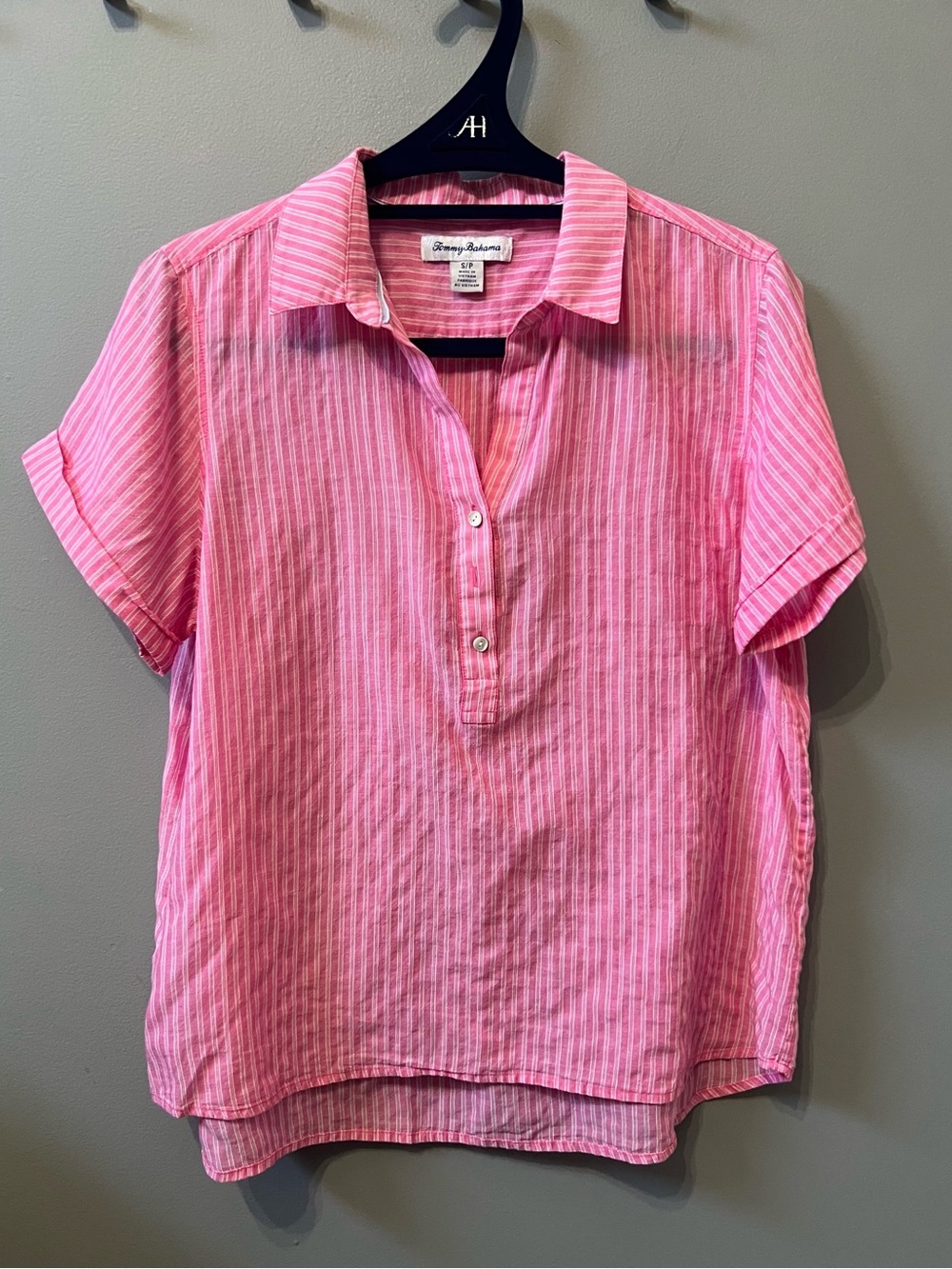 Tommy Bahama Pink Striped Linen-Blend Short Sleeve Button Pullover Small